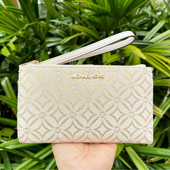 Michael Kors Jet Set Travel LG Double Zip Wallet Graphic Logo MK Pale Gold Multi - Picture 1 of 10